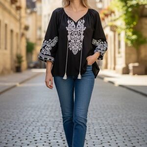 Chic Black Blouse with White Embroidery